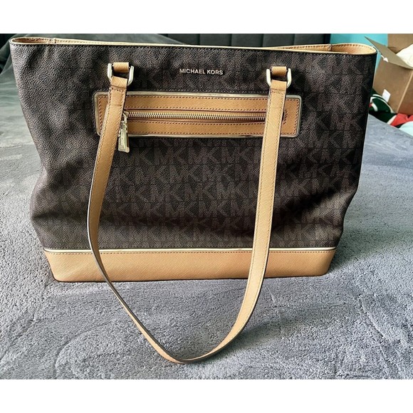 Michael Kors Brown MK Tote Bag with Gold Lightly Worn - Picture 1 of 9